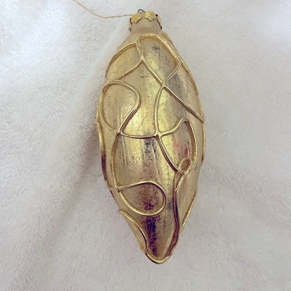 VINTAGE SILVESTRI Large Gold Clear Frosted Glass Deco Tree Ornaments Set of 6